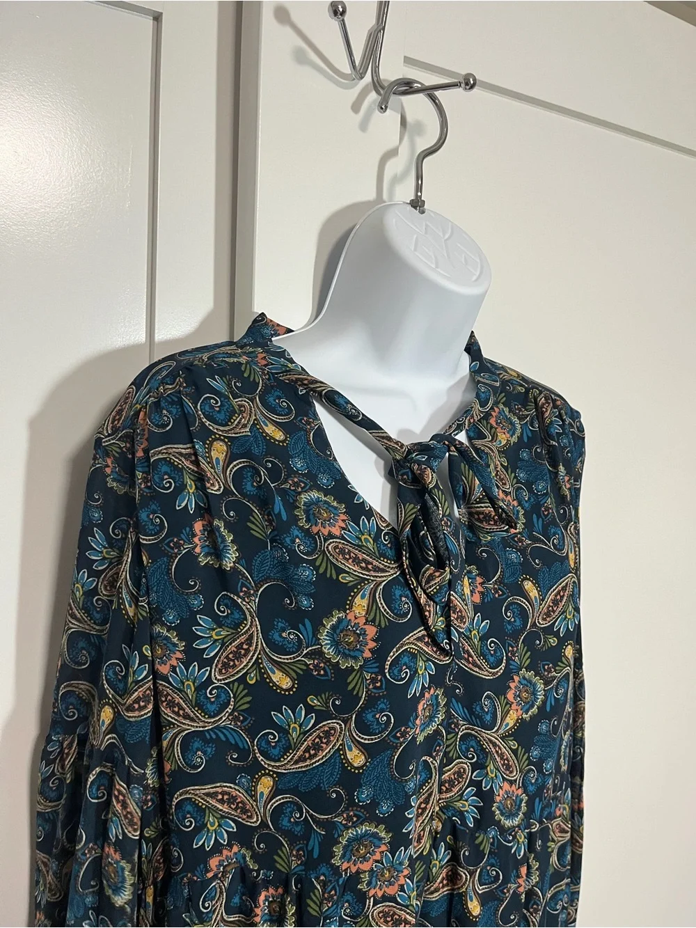 Etherial Gauzy Lightweight Dress Teal Paisley Size Small Faerie Cottage Neck Tie